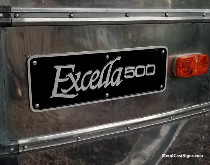 Airstream Excella 500 sign nameplate reproduction installed.