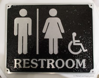 RESTROOM sign with symbols - handicapped - cast aluminum 10in wide