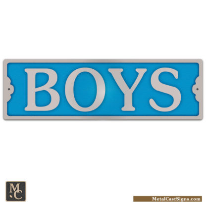 BOYS restroom sign w/blue background - 8.25inch x 2inch tall - cast aluminum