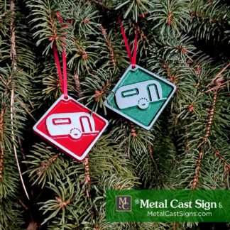 Camper ornament - pewter look - cast aluminum - red and green