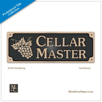 CELLAR MASTER sign or plaque w/grapes - 8.5 inch wide - cast bronze
