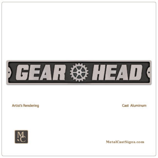 GEAR HEAD cast aluminum sign plaque w/gear symbol
