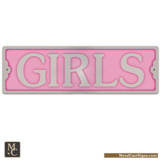 GIRLS restroom sign w/pink background - 8.25inch x 2inch tall - cast aluminum
