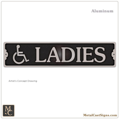 LADIES handicapped restroom sign - cast aluminum - 9"