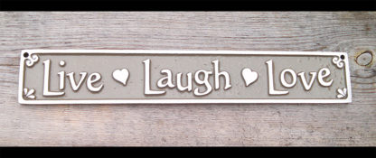Live Laugh Love plaque with hearts. Aluminum sign - tan background. 10 inches long.