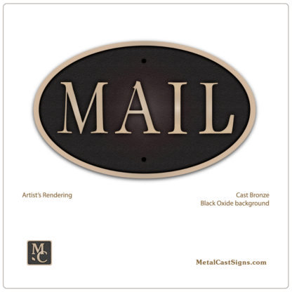 MAIL - oval cast bronze sign - 5-1/4in wide - black background