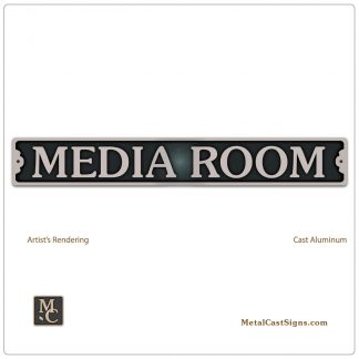 MEDIA ROOM sign - business church, cast aluminum 10.5 in wide