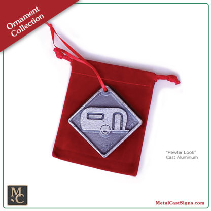 Camper ornament, cast aluminum with pewter look - red velvet bag