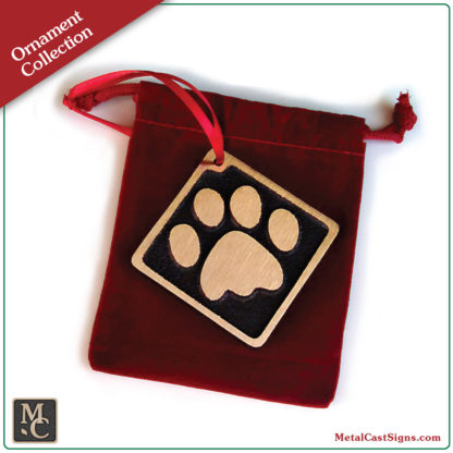 ornament - Cat-Paw Print - cast bronze - brushed satin finish - red velvet bag