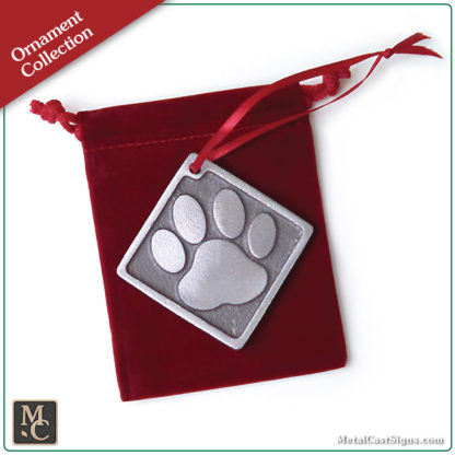 Dog Paw Print Ornament - cast aluminum - pewter look w/red velvet bag