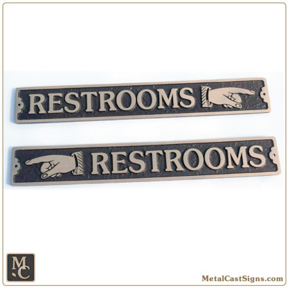 Restrooms w/left or right classic pointing hand - bronze sign - 12 in wide