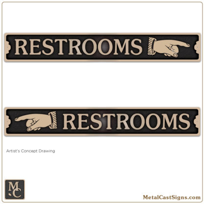 restrooms sign w/pointing hand 12in bronze