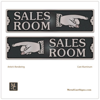 SALES ROOM sign w/right or left pointing hand - cast aluminum