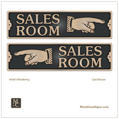 SALES ROOM sign w/right or left pointing hand - cast bronze