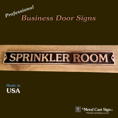 SPRINKLER ROOM sign - cast bronze - 13 inches wide